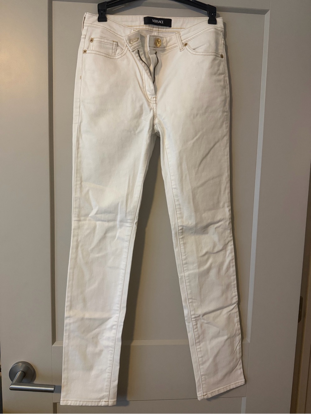 Versace White Skinny Jeans with Gold Hardware